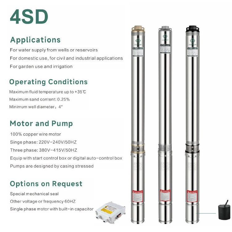 QQPUMP Bomba Sumergible 4" 1Hp 4 Hp 380V Ac Electric Centrifugal Submersible Borehole Deep Well Water Pump Pumps for Irrigation
