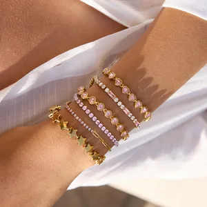 MW Geometry Zircon Link Chain Star Bracelet Heart Full Diamond Waterproof Layered Jewelry Stainless Steel Bracelet for Women