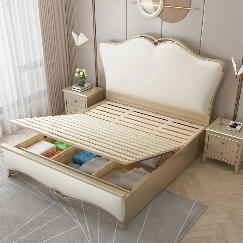High Quality Elegant Modern Solid Wood and Leather Luxury House Adult Bedroom Furniture Set king Bed with Metal Leg