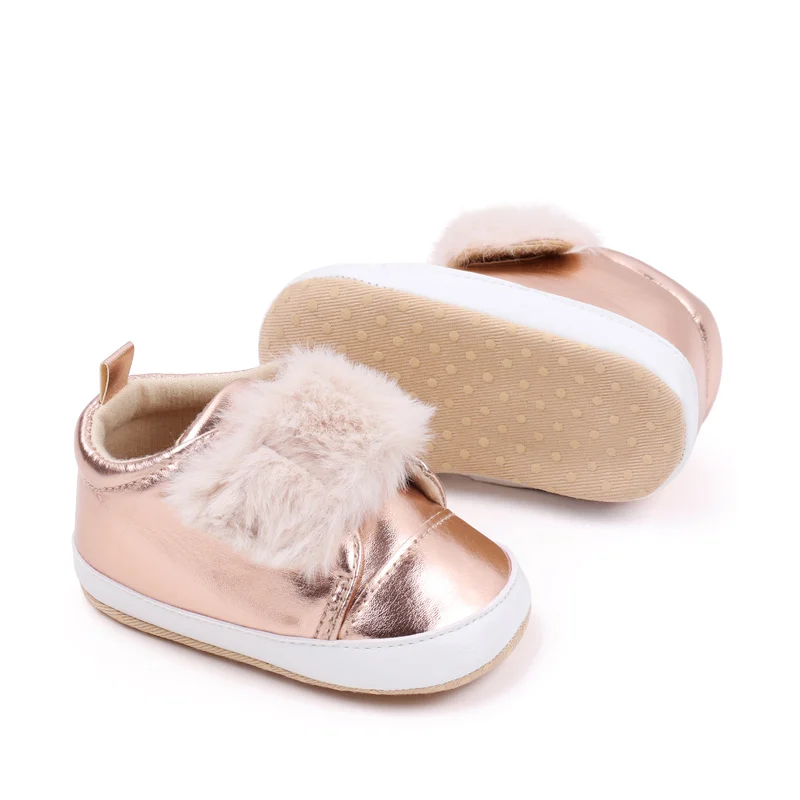 Bright PU Leather Plush Hook and Loop Solid Color Baby Girls Cute Soft Soled Toddler Shoes factory