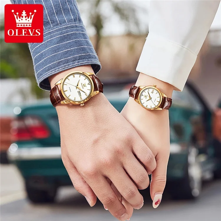 Branded Couple Watch Set Luxury Olevs Leather Watches