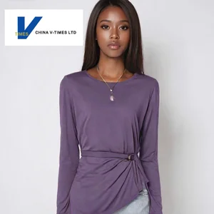 China V-Times Autumn Collection New French Style Loose Irregular Tie Lazy Simple Cotton Long Sleeve T-Shirt