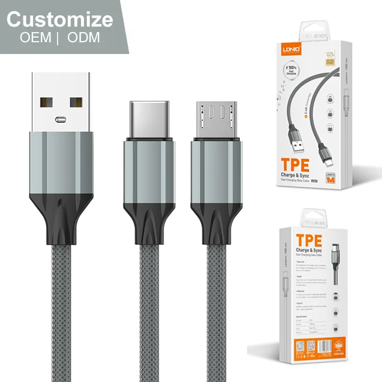 LDNIO LS441 1m Micro Phone Type C Usb Data Cable Data Sync Fast Charger Charging Cable for Mobile Phone