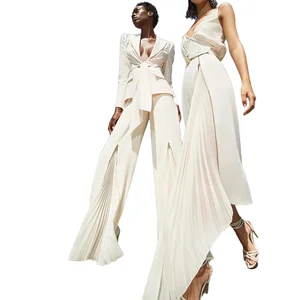 Fashion 2026 Designer Suit Set Women's Lacing Belt Blazer Pleated Zip Pants Set 2pcs Set
