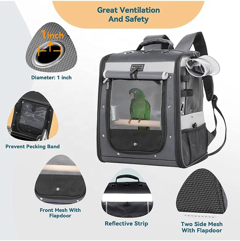 Custom Bird Cage Breathable Carrier Backpack Foldable Lightweight Travel Multi Purpose PU Mesh Pet Parrot Bag