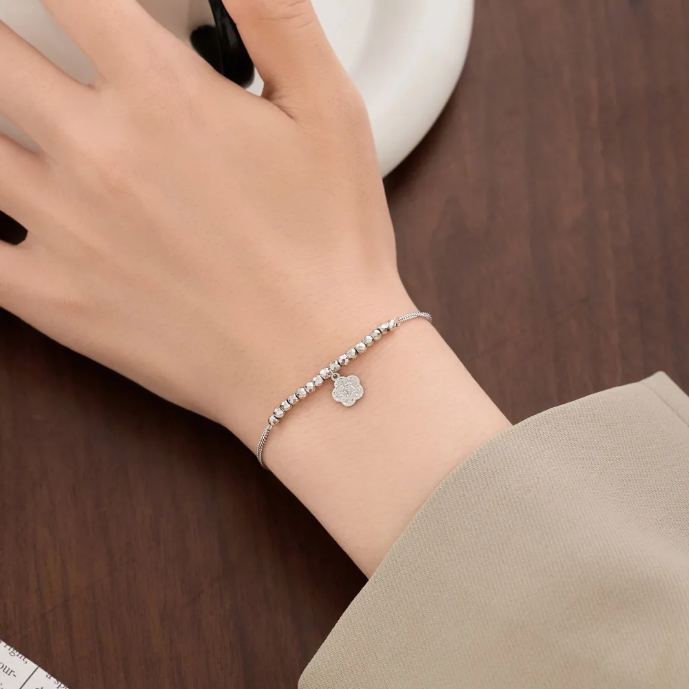 KAKODIY Luxury Design 925 Sterling Silver Double Layer Chain Beads Five Petal Flower Pendant Adjustable Length Bracelets and Bangles detail 4