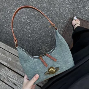 2026 Spring and Summer New Underarm Bag Wandering Planet Shoulder Bag Versatile Casual Retro Handbag Niche Denim Underarm Bag