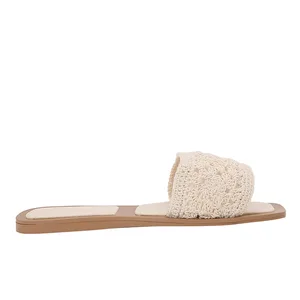 Women's Summer Flat Slide Sandals with Square Toe Crochet Craftsmanship Beige Outdoor Design