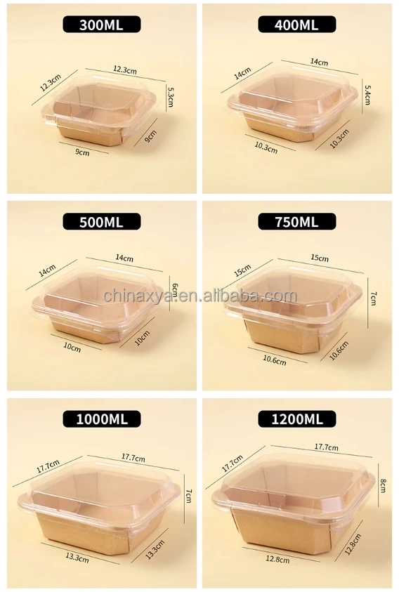 300ml 500ml 700ml 1000ml  1200ML Disposable Eco Friendly Rectangular Container Salad Fast Food Box Paper Bowl With Lid factory