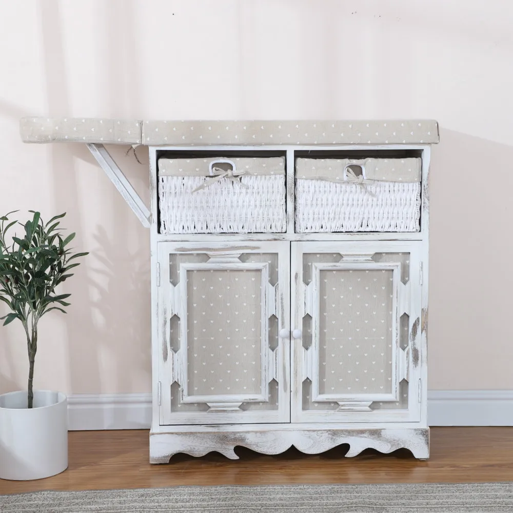 Popular Foldable Ironing Board Solid Wood Cabinet Folding Top Center Rattan Storage Basket