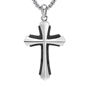 Religious Jewelry Gift for Him Men's Double Cross Pendant Necklace Stainless Steel  with Forged Carbon Fiber Cross Pendant