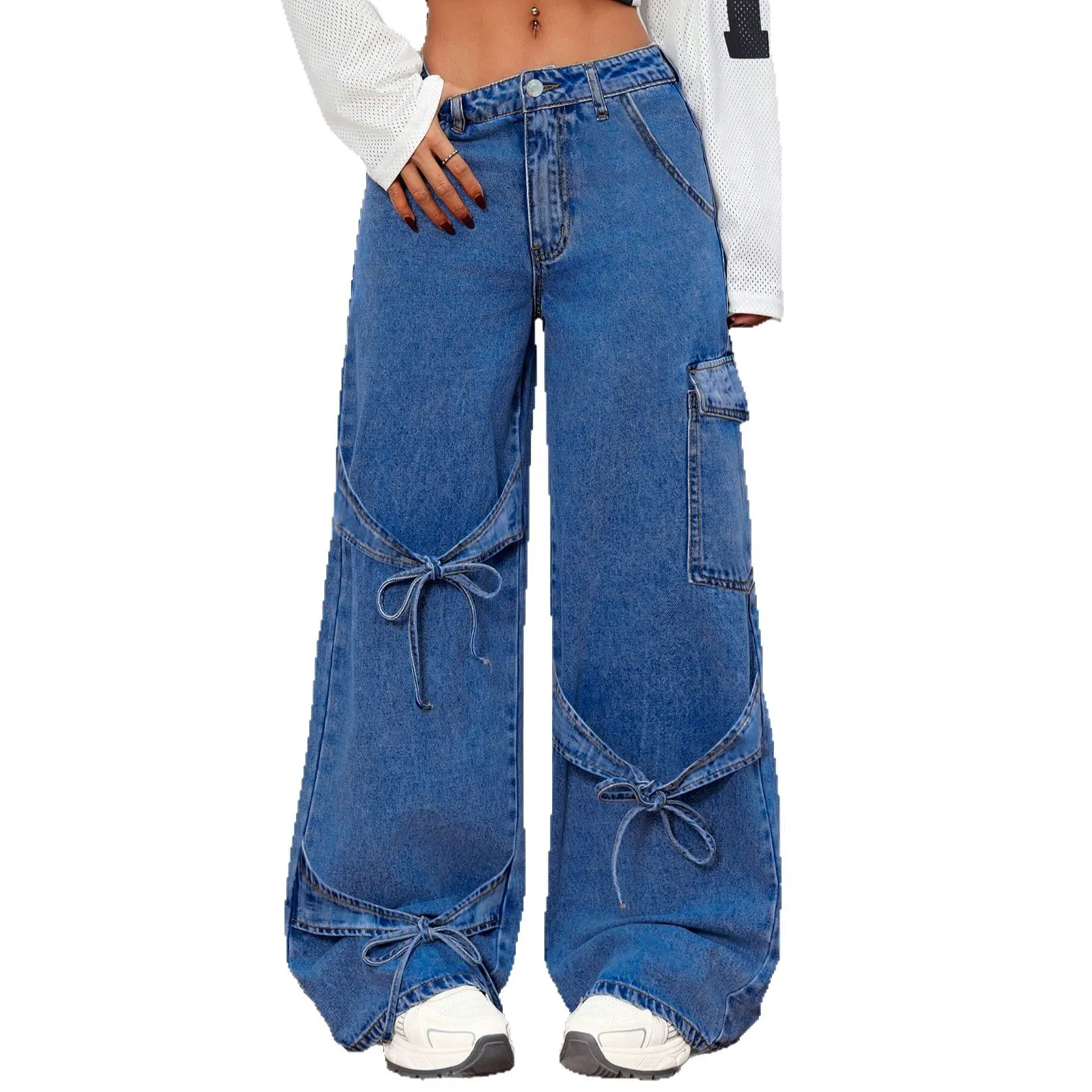 American Style Bow Tie Overalls Denim Jeans Women's Casual Summer Straight-leg Plus-size Women's Trousers