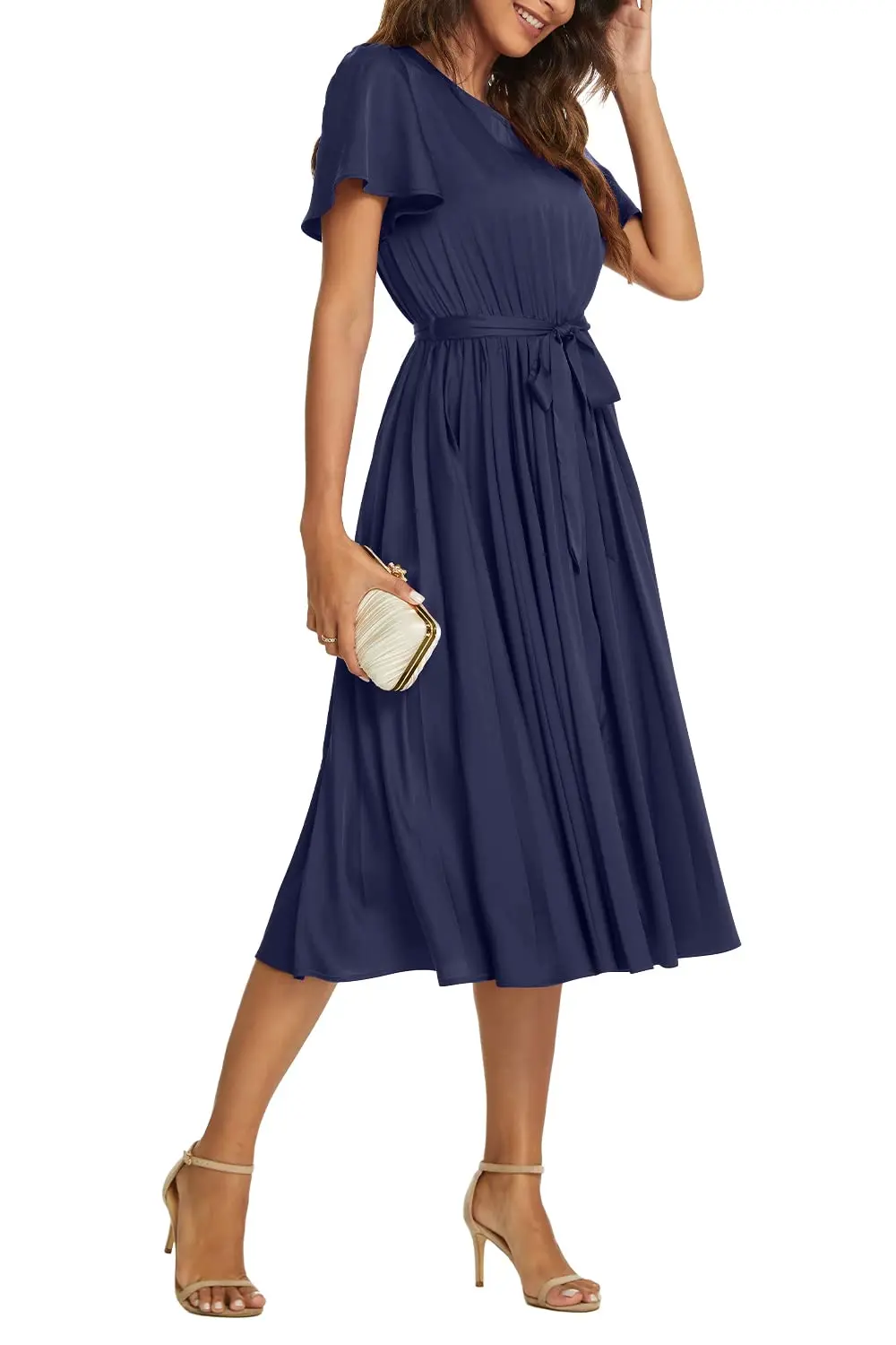 Spring Summer Fall Dress Ruffle Sleeves Pleated Dress Women's Short Sleeve Belted Elastic Waist Pleated Long Dresses