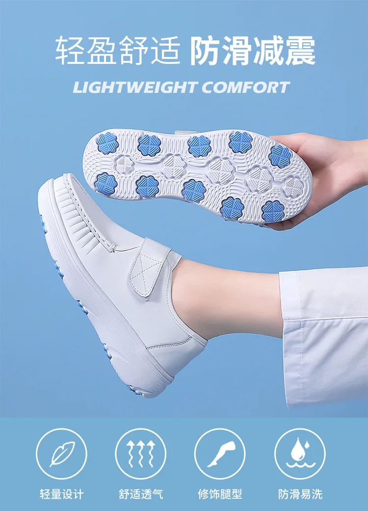 Comfortable Genuine Leather Nurse Shoes with Soft Soles and Breathable Velcro Fastening for Hospital&Home&Private Clinic