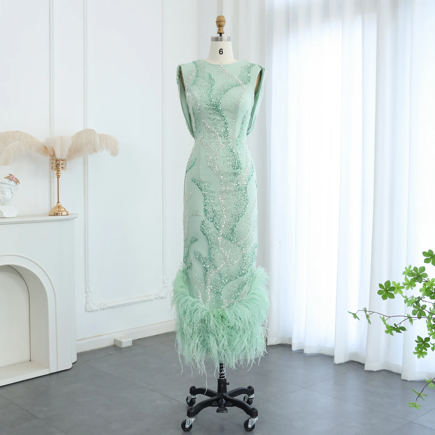 Luxury Feather Sage Green Arabic Evening Dresses Cross Back Midi Formal  Wedding Party Gowns SZ436
