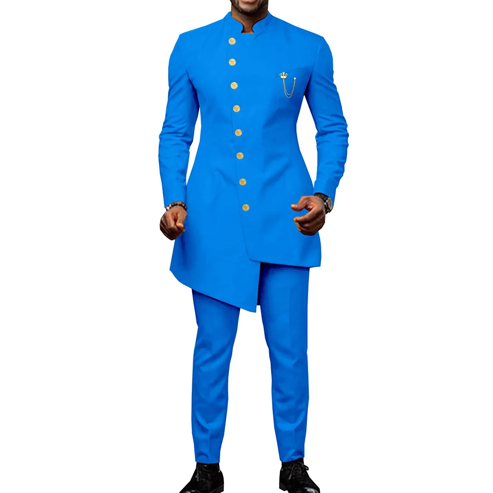 Stylish Stand Color Blue Men Suits Tuxedo Blazer Terno Hombre Elegant Long Jacket Pants aperçu 10