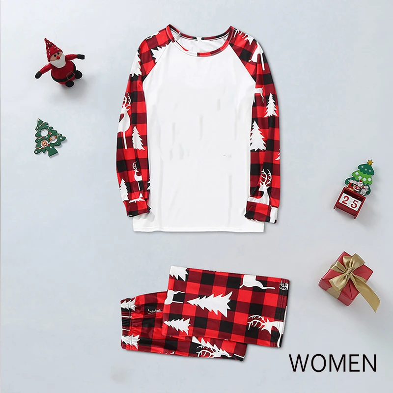 Sublimation Blank Christmas Pajamas,Printed Long Sleeve Top And Plaid