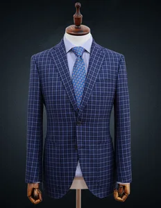 Dark Blue Plaid Men's Business Suits Single-Breasted Blazer Two Buttons Notch Lapel Two Big Patch Pockets Garment Dyed Worsted