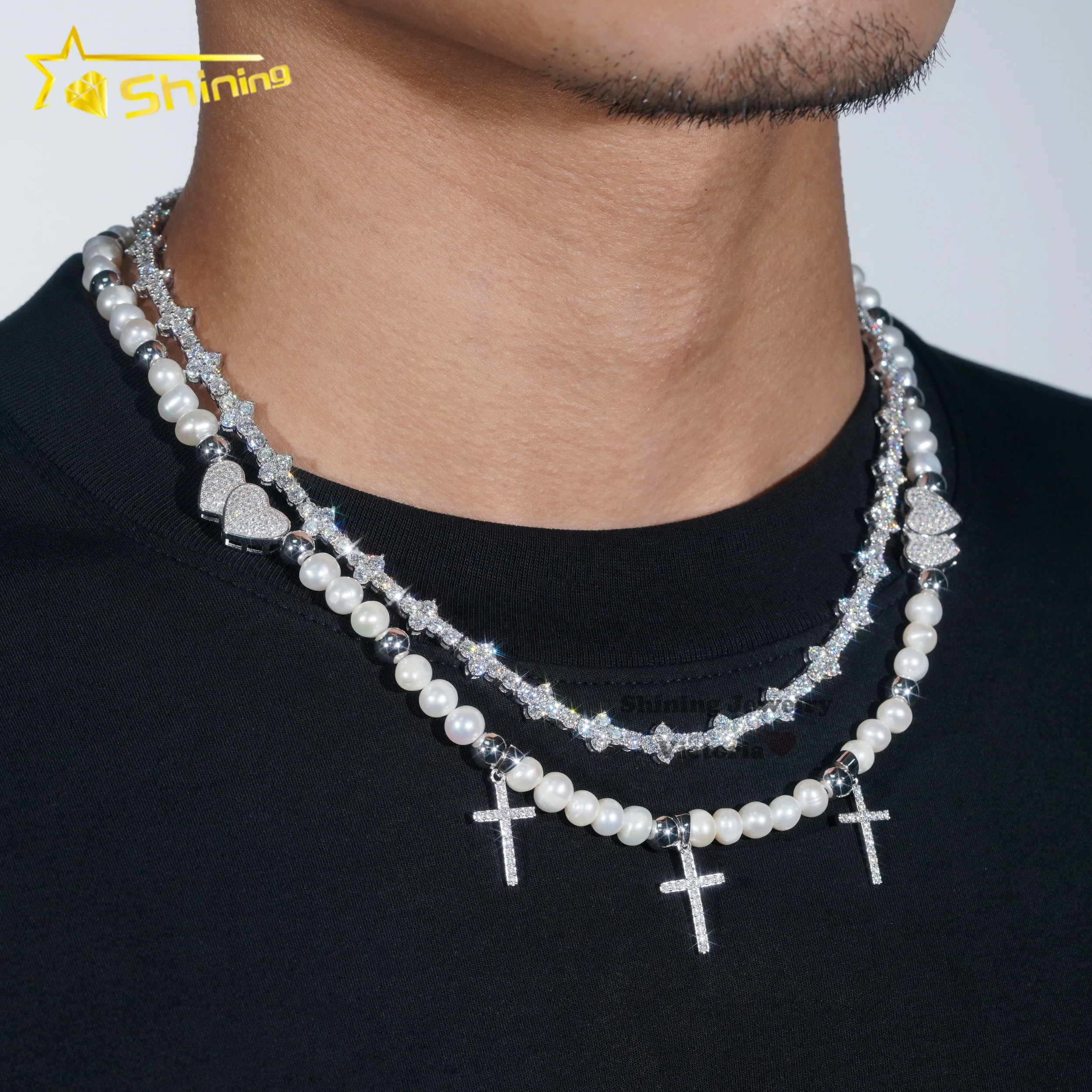 thumbnail image 2 of Harlembling Iced Moissanite Tennis Cross Pendant – 925 Sterling Silver, Real Gold Plated 2 of 6