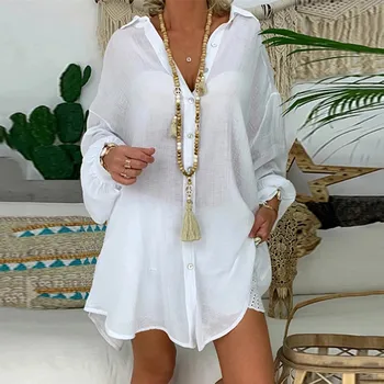 Cotton linen white blouse casual loose long sleeve button beach ladies shirt