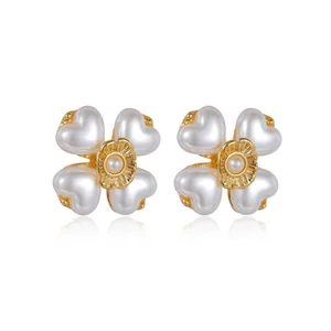 Fashion Jewelry Stainless Steel Heart Shape Pearl Flower Stud Earring 18k Gold Plated Stud Earring for Women