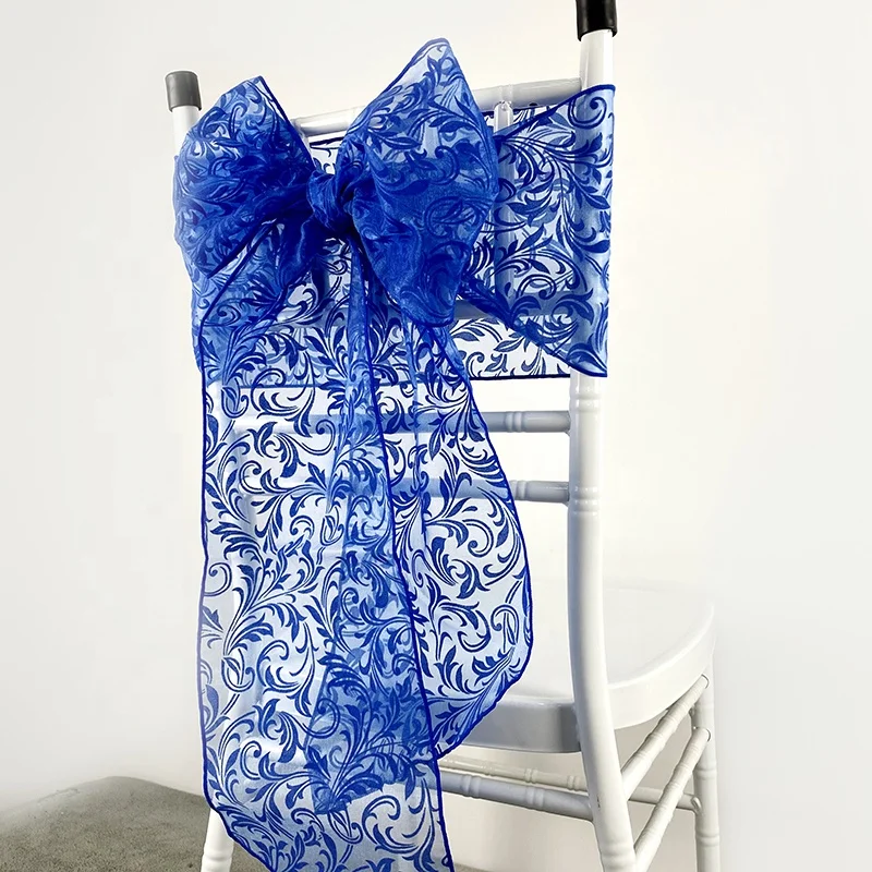 New Design Hotel Home Chair Bow Royal Blue Sash For Chairs with Flower Flock