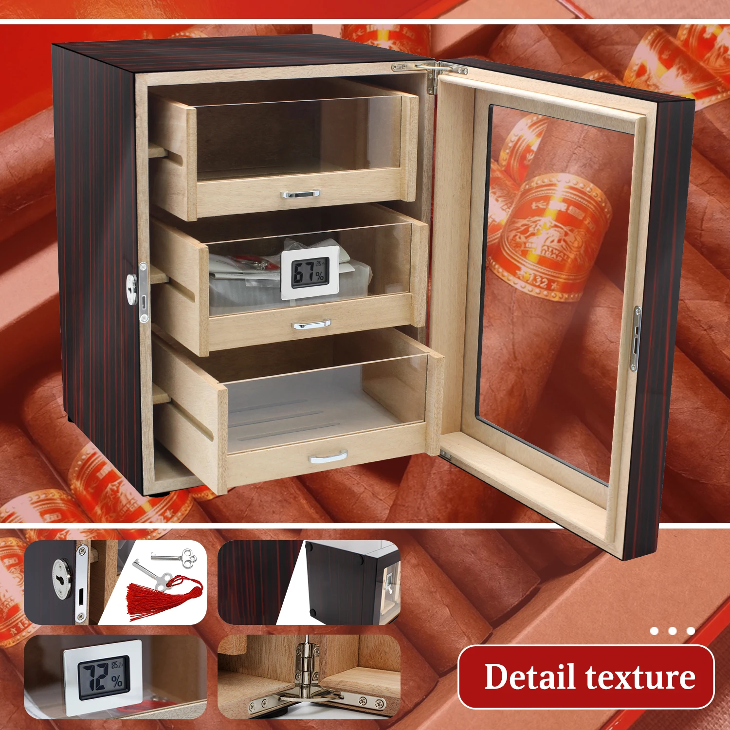 3 Drawers Made in China Custom Cabinet Cigar Humidor Acrylic Drawer