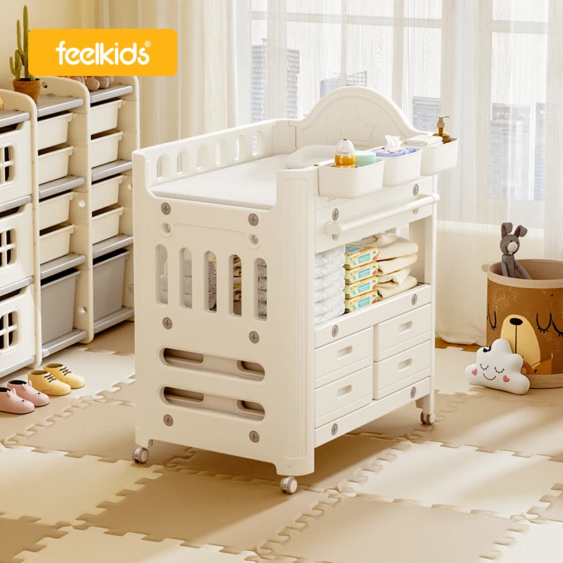 Feel Kids Beige Cream Color Baby Multifunctional Nursing 2in1 Plastic Diapers and Diaper Changing Table Storage Box Crib