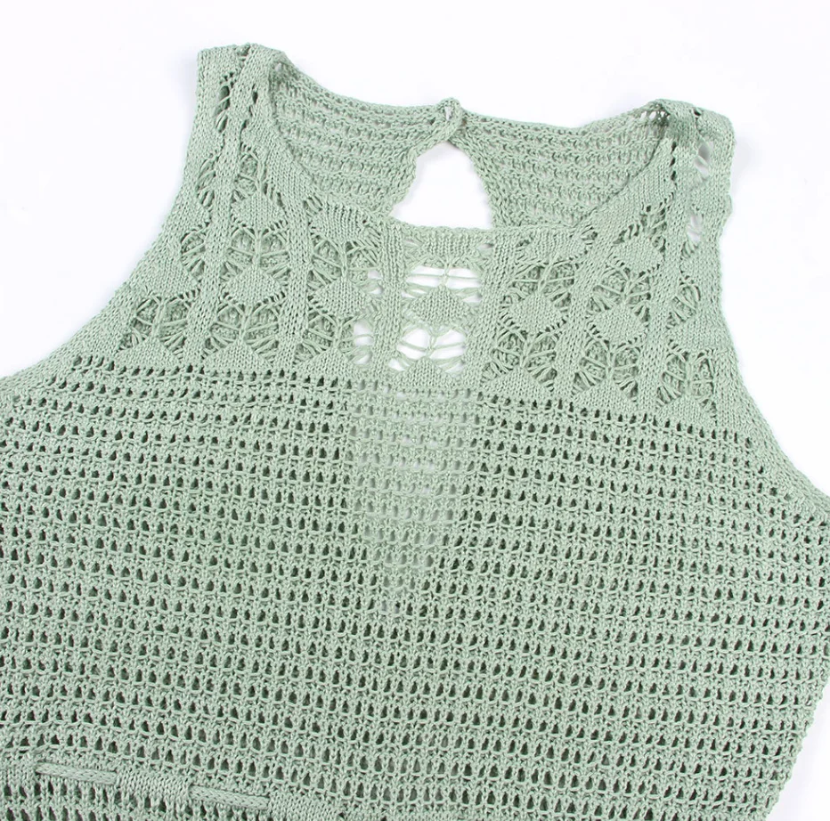 STOCK Two Colors High Neck Ties Front Long Crochet Dress Cotton Fringe Hem Beach Cover Ups Kimono