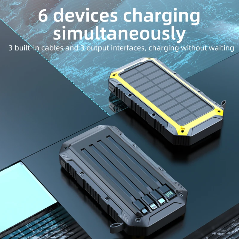 Solar Power Bank Charger 20000mAh,Portable Built in 4 Cables Solar Energy Power Bank With Multiple 6 Outputs for Mobile Phone