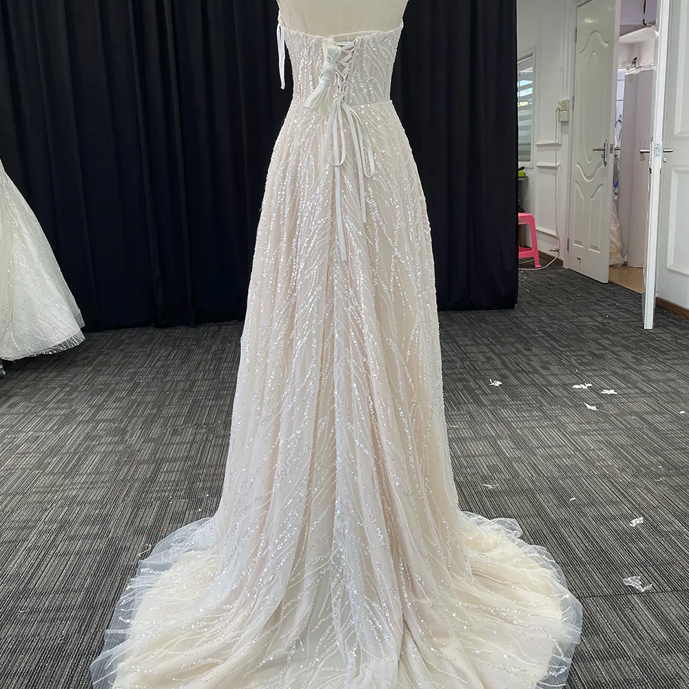 Lszt30 Modern Vintage Wedding Dress Elegant Beaded Sequined Long Gown Ivory A-line Lace Applique Backless Floor-length Court Train Formal Puffy