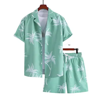 Men's Casual Hawaiian Coconut Tree Graphic Print Shirt with Drawstring Waist Shorts-Random Palm Tree Print for Vacations