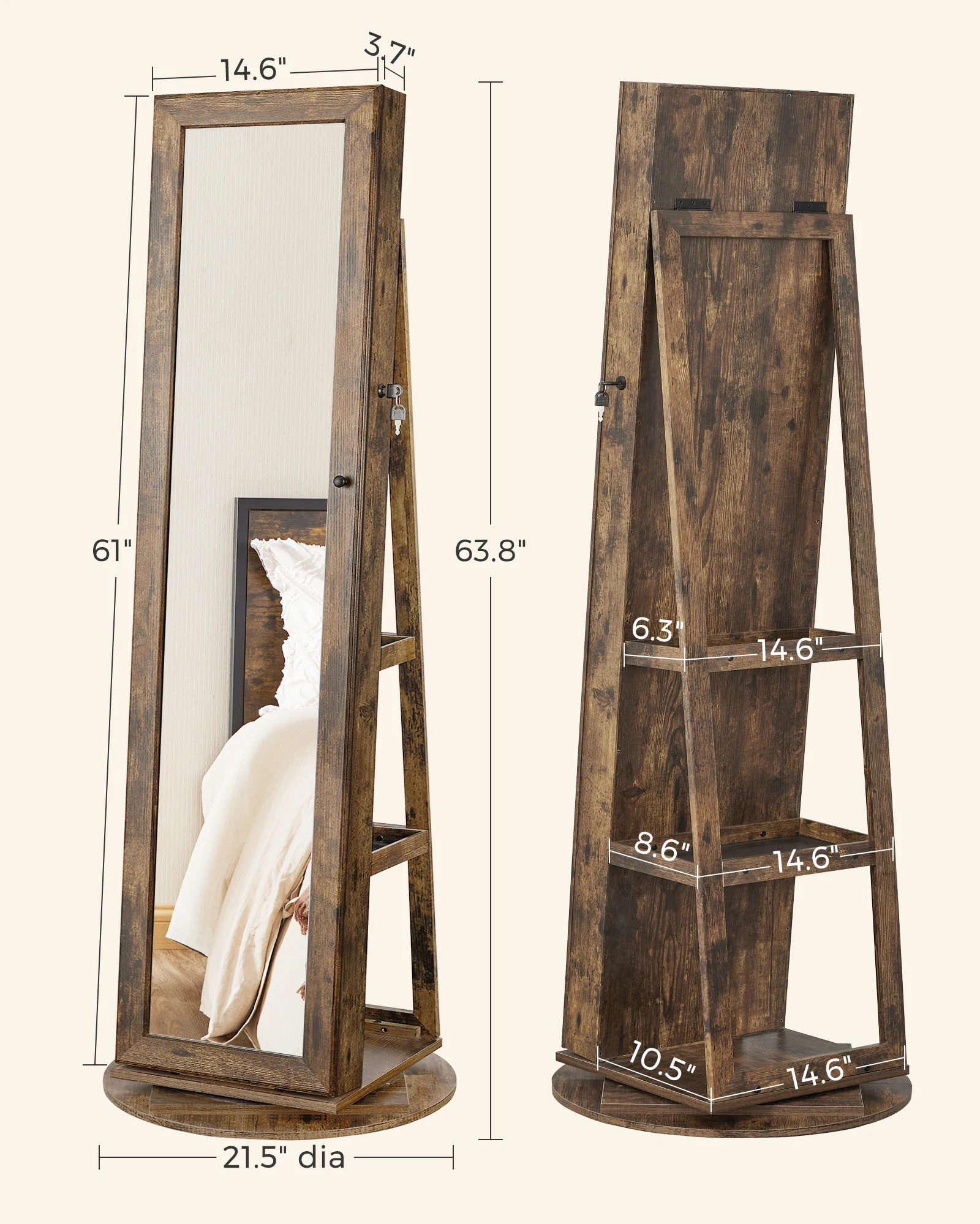 Songmics Floor Standing Wooden Mirror Jewelry Armoire Jewelry Organizer