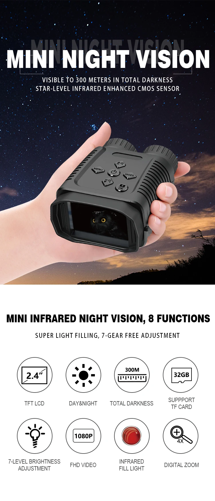 NV1182 Powerful Night Vision Mini Binocular Glasses With Camera Visor Nocturno up to 32G TF Card  IR 850nm