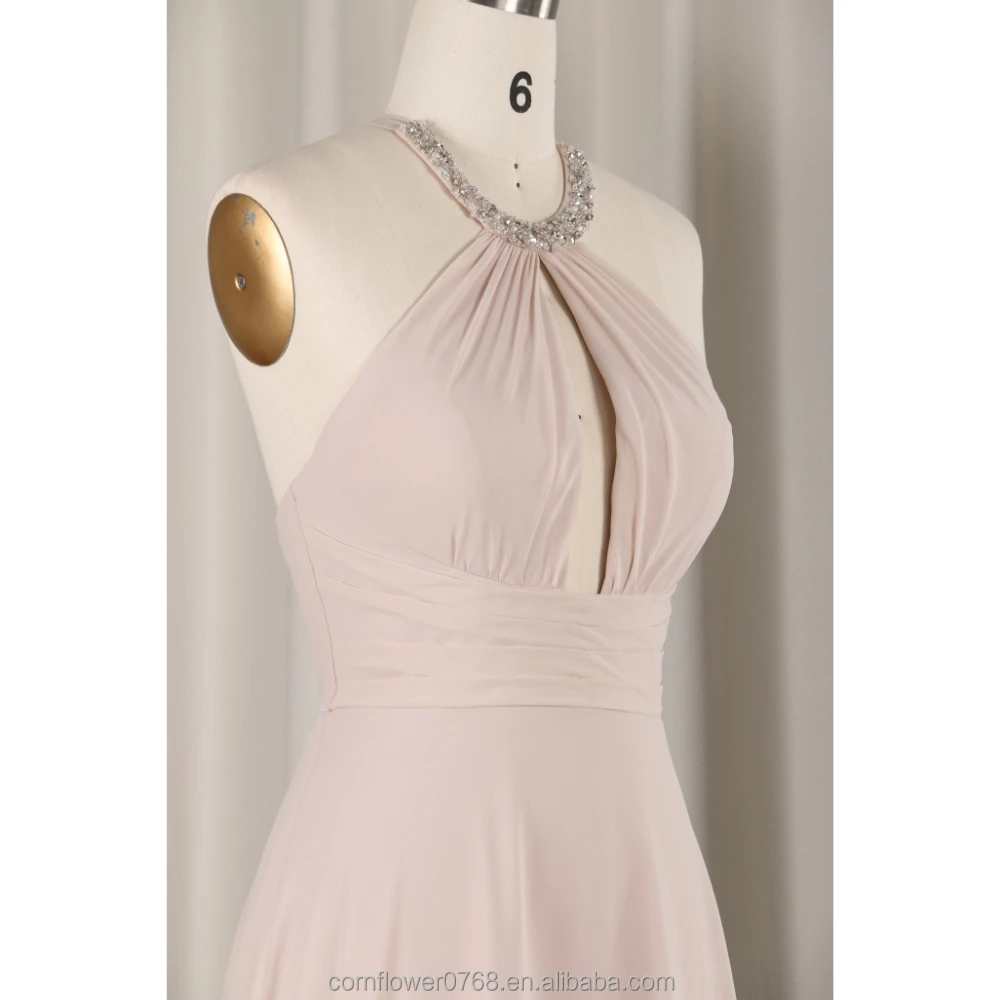 Greek Goddess Commercial Halter Neckline Chiffon Modern Floor-Length  Backless Built-in Bra Elegant Beaded Pleat Wedding Bridal