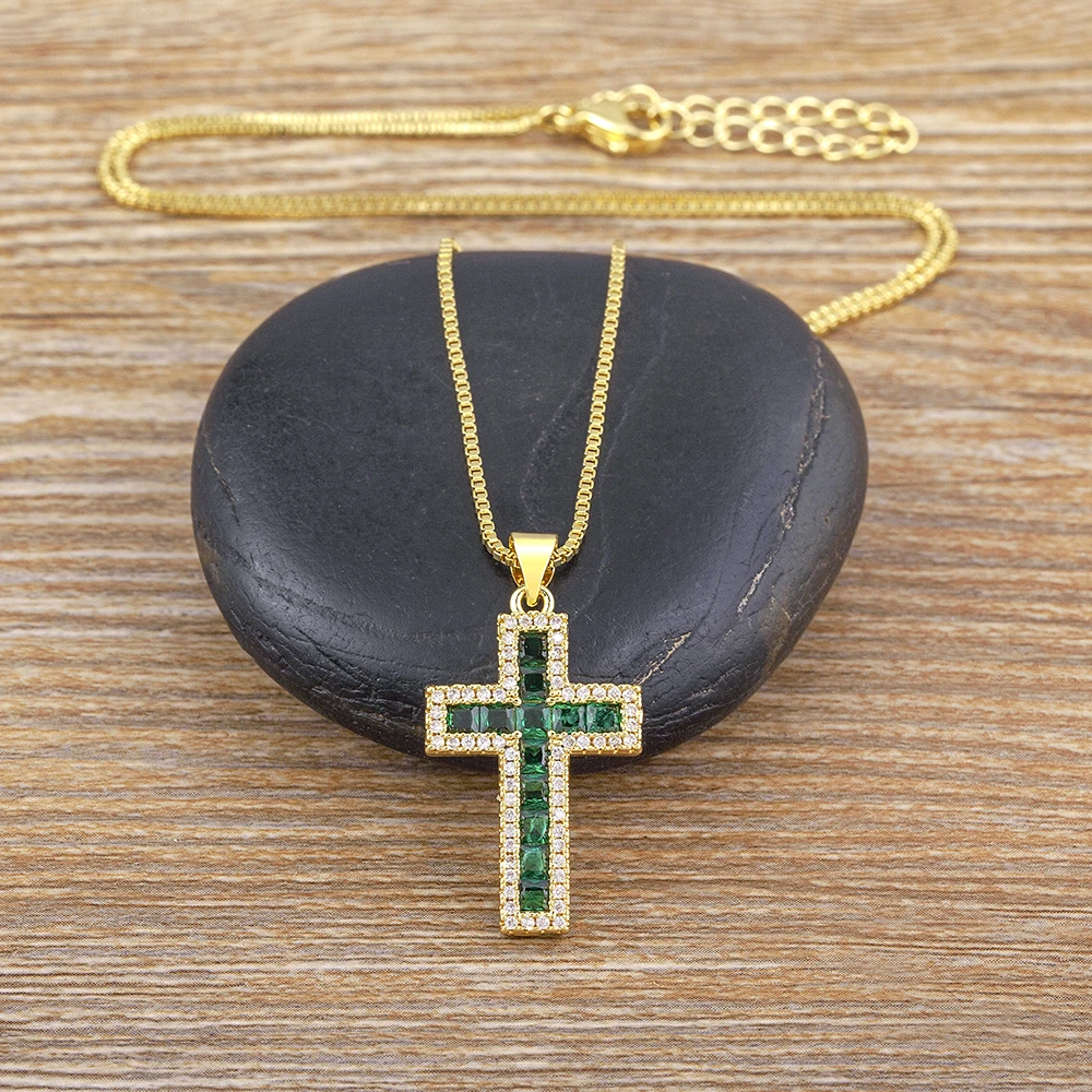 QIKU 6 Colors Rhinestone Cross Shape Pendant Necklace Copper Zircon Chain Choker Religious Pray Jewelry Women Gift Dropshipping