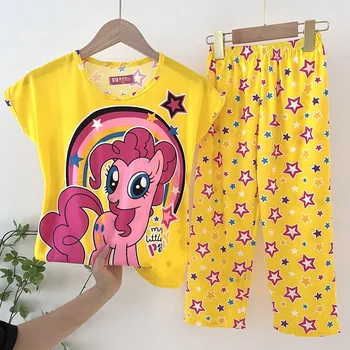 Girls' Casual Summer Thin Short-Sleeved Pajamas Children's Princess-Style Pants Suit Cute Cartoon 110-130cm Baby Home Clothes