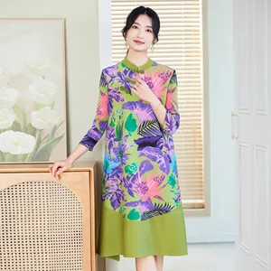 2026 Spring Summer Collection Elegant Retro New Chinese Style Cheongsam Dress Empire Waistline Print Pattern for Mother
