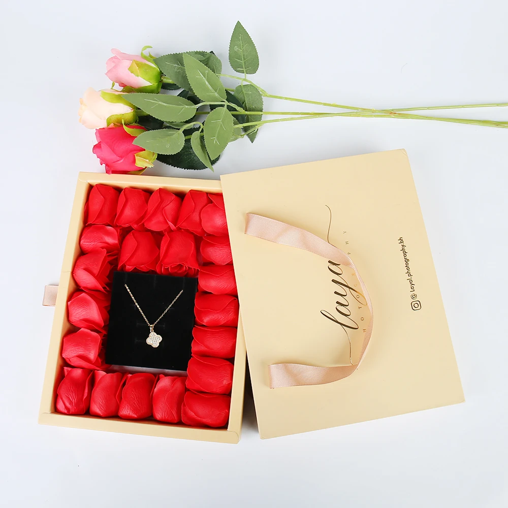 Custom Valentine's Day Gift Box Specialty Paper Jewelry Packaging Drawer Box with Ribbon Handle Rose Soap Rigid Box for Necklace factory