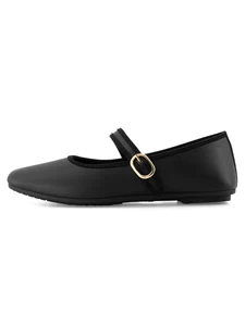 Women Black Leather Mary Jane Flats Gold Buckle Accent Luxury Classic Vintage Comfort School Office Casual Shoes Wholesale
