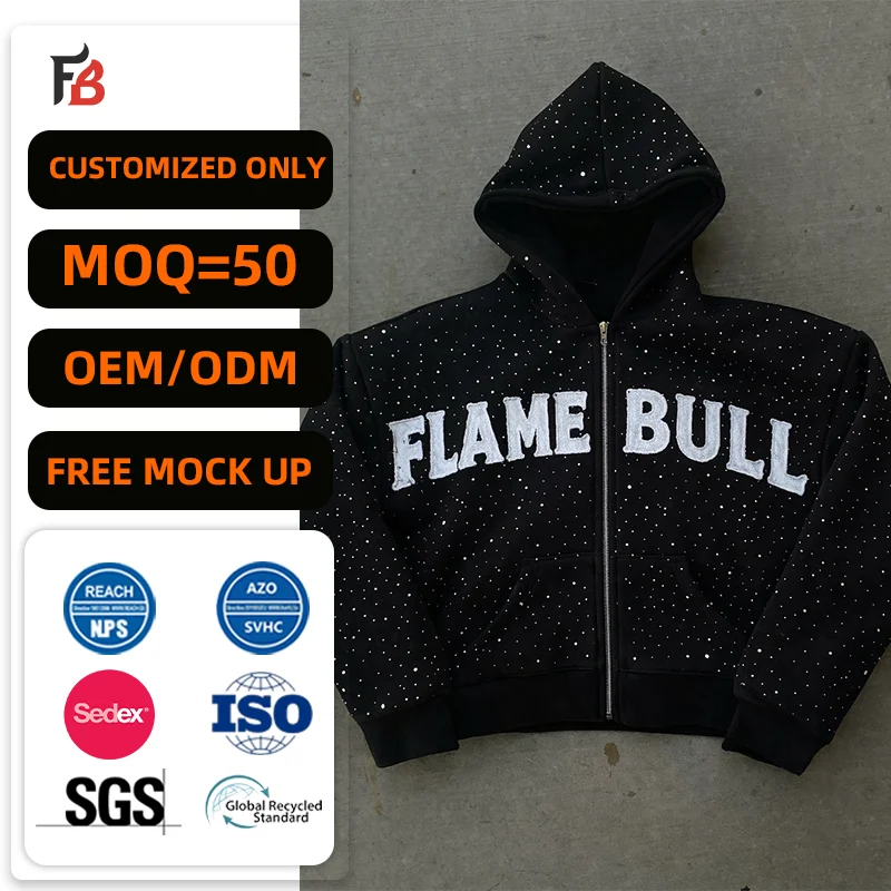 Manufacture Custom Streetwear Oversized Boxy Fit Applique Patch Embroidery Hoodie with Zipper