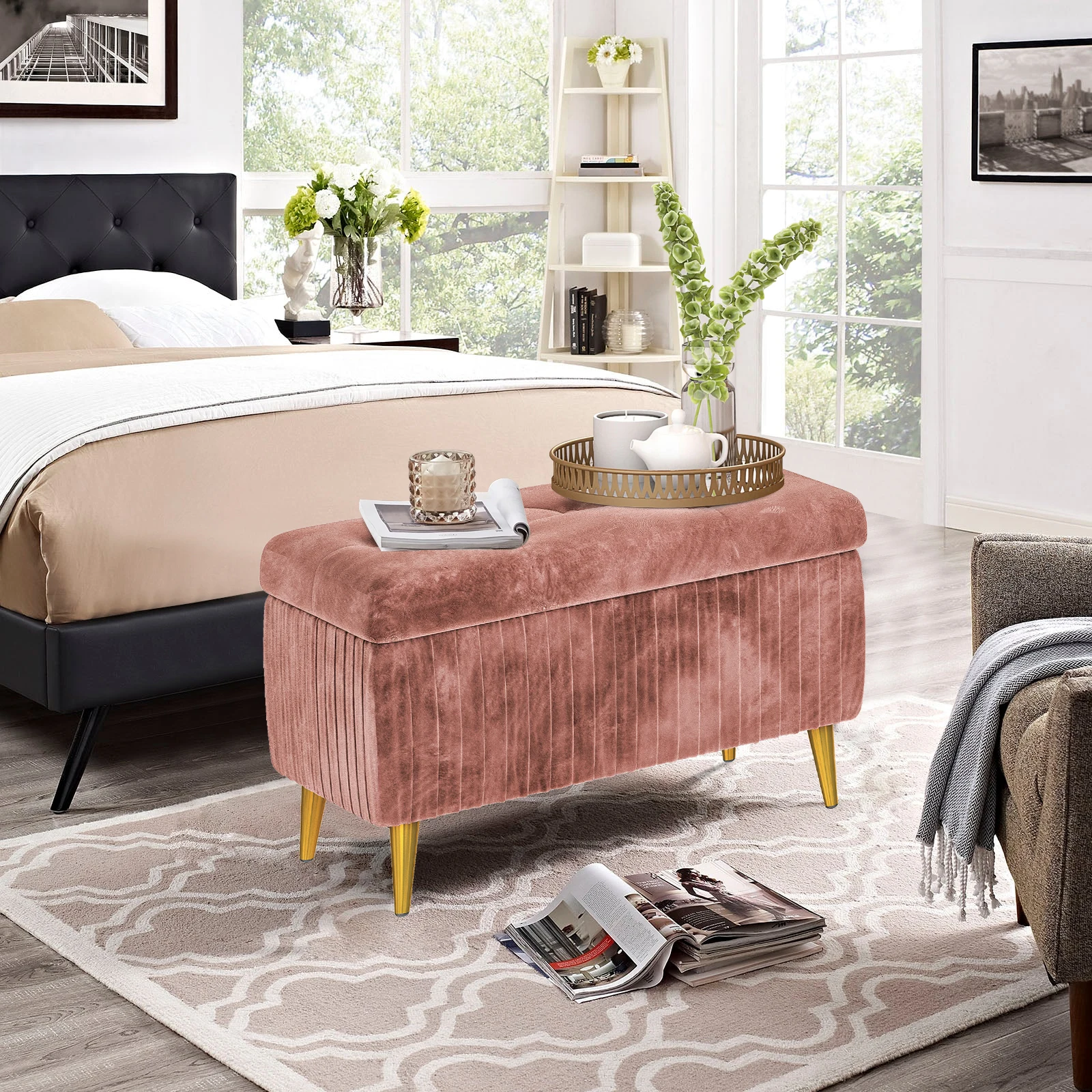 Altrobene 収納スツール 大容量収納 収納ベンチ ベルベット 足置き