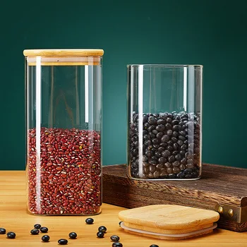 Wholesale Kitchen square glass airtight food storage jar with bamboo lids