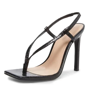 Fashion Trendy Square Toe Flip Flops Stiletto High Heel Sandals Thong Slip on Women Heels