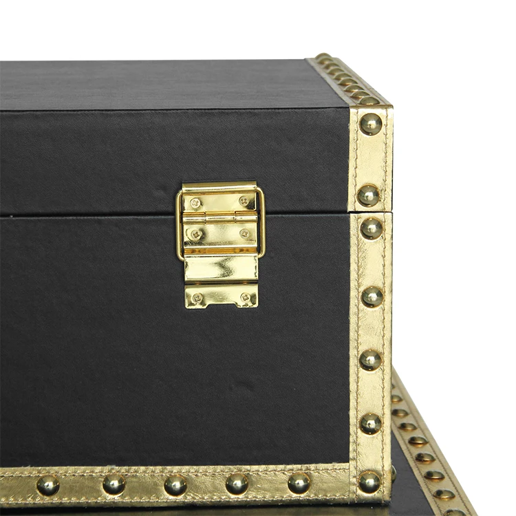 Set of 2 Faux Leather Storage Trunks with Gold Accessories