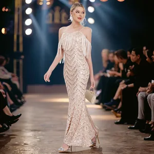 Clothing Manufacturer Backless Sequin Tassel Women's Evening Gown, Elegant Women's Dress Women's Party Wear