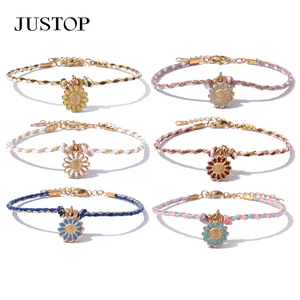 Young Popular Adjustable String Bracelet Handmade Daisy Charm Trendy Tarnish-Free Chain with Dripping Oil Gift for Couples