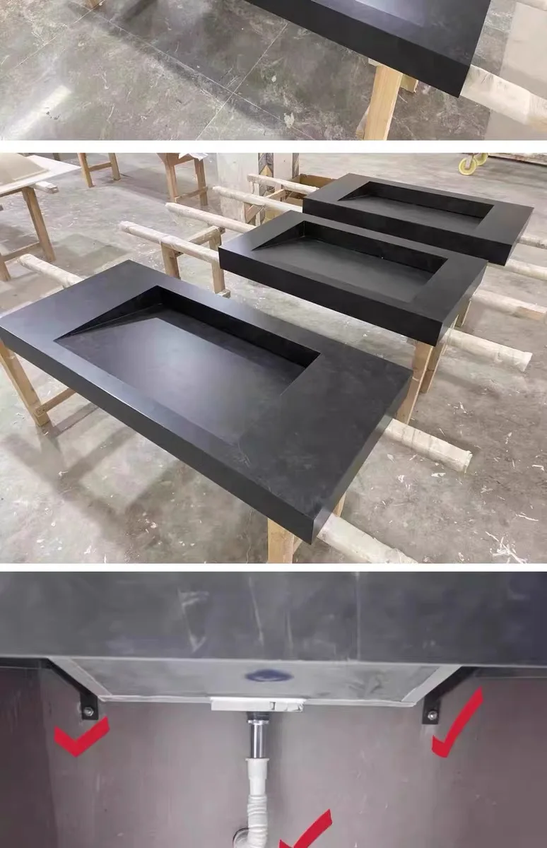 product high quality customized luxury rock slab fluted bathroom villa black sloping basin textured vanity with sink-8