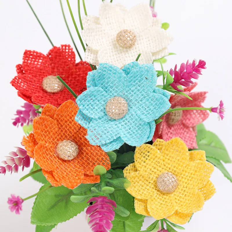 Colorful Natural Burlap Flowers Assorted Handmade Rustic Burlap Rose for Wedding Decoration and Floral Crafts Making