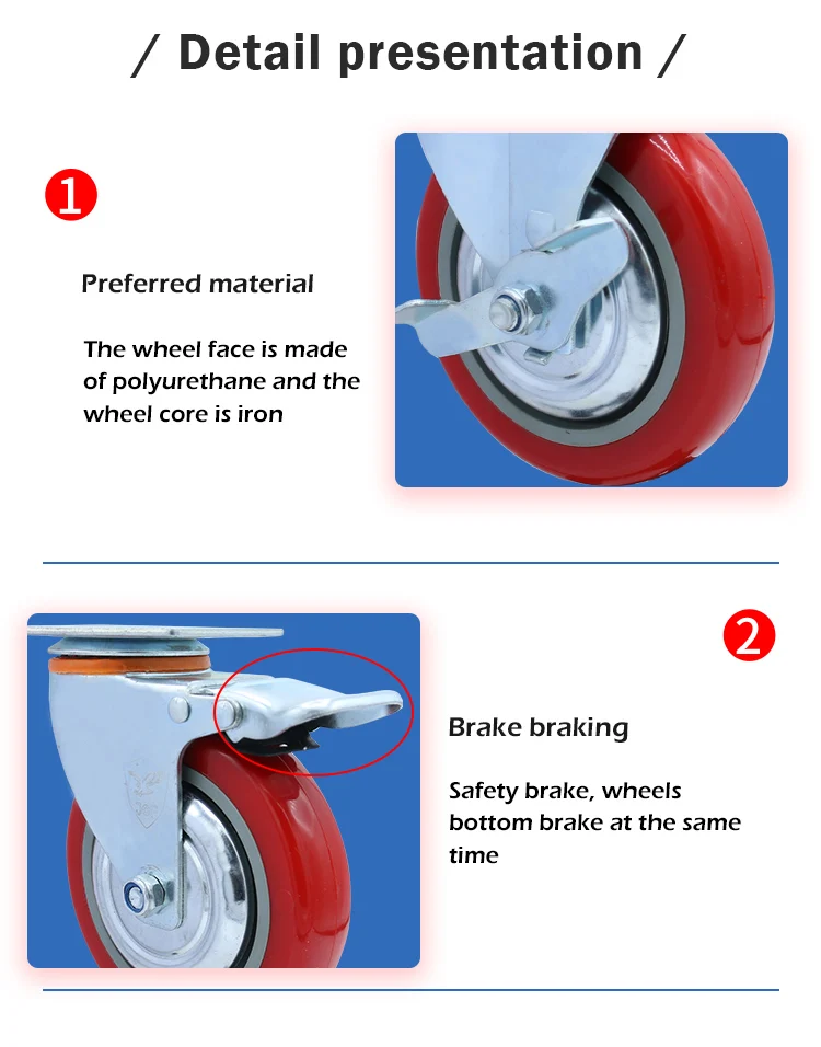 Medium duty 4 inch red 100mm pu swivel caster wheels with brake factory